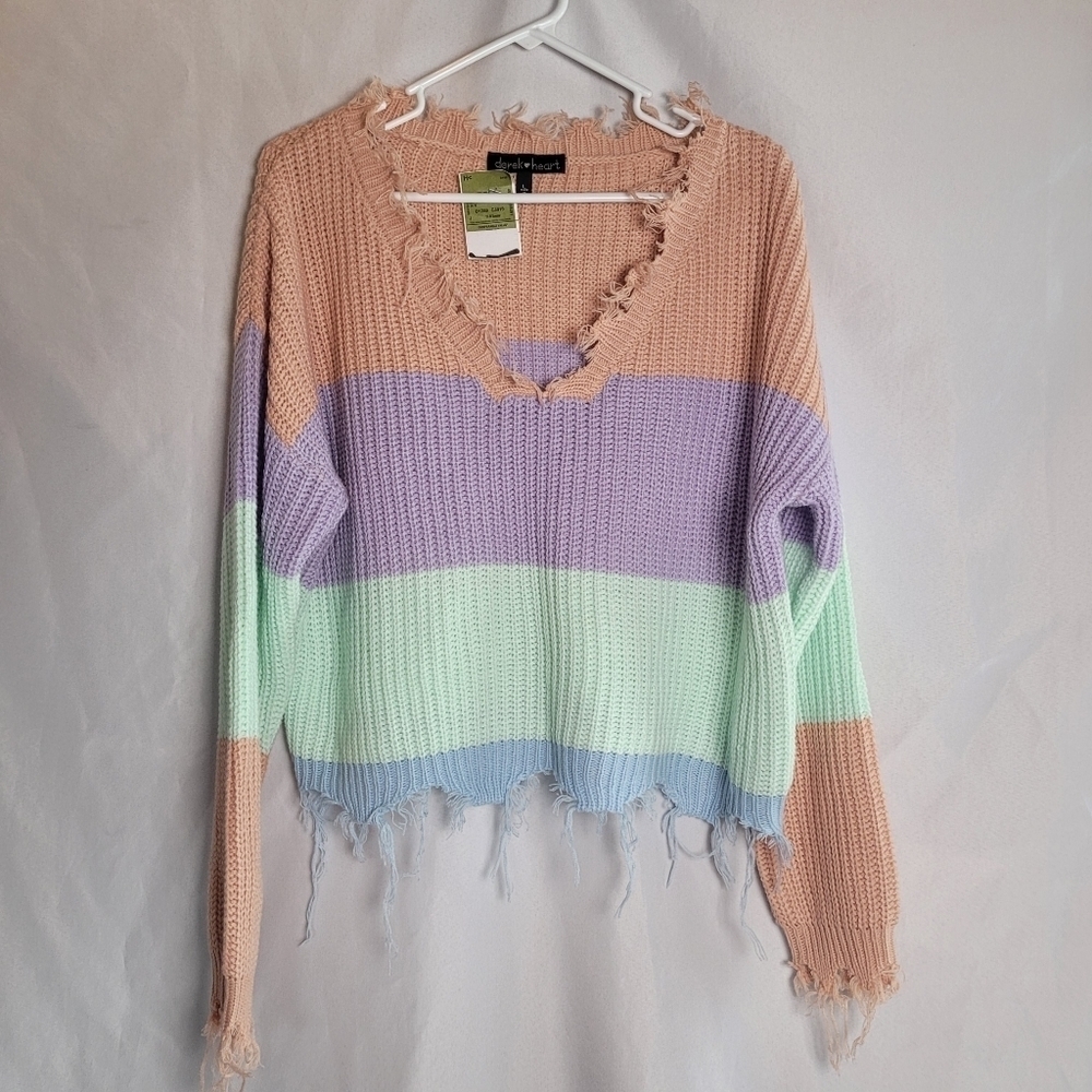 NWT Derek Heart Size L Pastel Cropped Tattered Raw Hem Striped Sweater